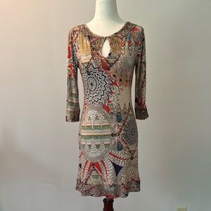 Papillon Blanc Orange Red Sheath Dress 3/4 Sleeve